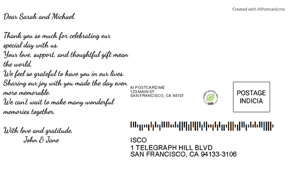 Wedding Thank You โ back of postcard